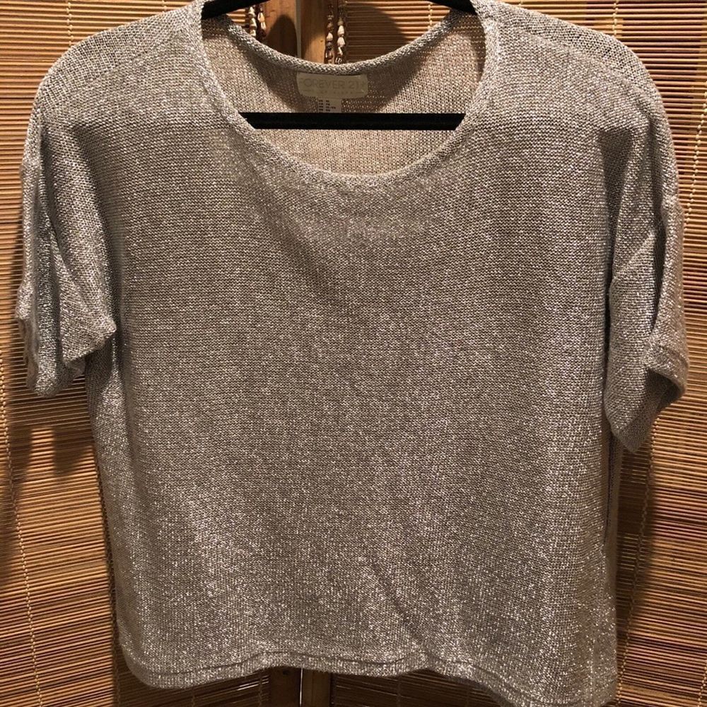 Women's Metallic Scoop Neck Short Sleeve Top, Forever 21  Silver XL